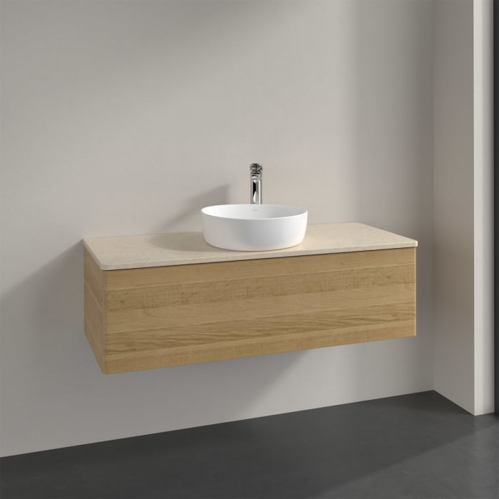 Villeroy & Boch Antao Waschbeckenunterschrank, 120 x 36 cm, 1 Auszug mit LED-Licht, Front ohne Struktur, mit Hahnloch, für Waschtisch mittig