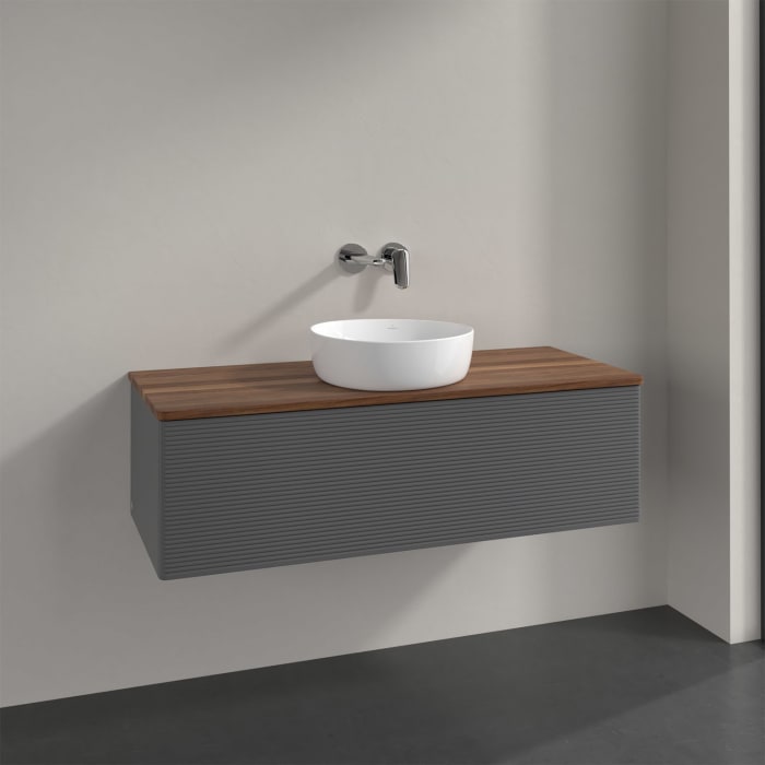Villeroy & Boch Antao Waschbeckenunterschrank, 120 x 36 cm, 1 Auszug mit LED-Licht, Front mit Struktur, ohne Hahnloch, für Waschtisch mittig