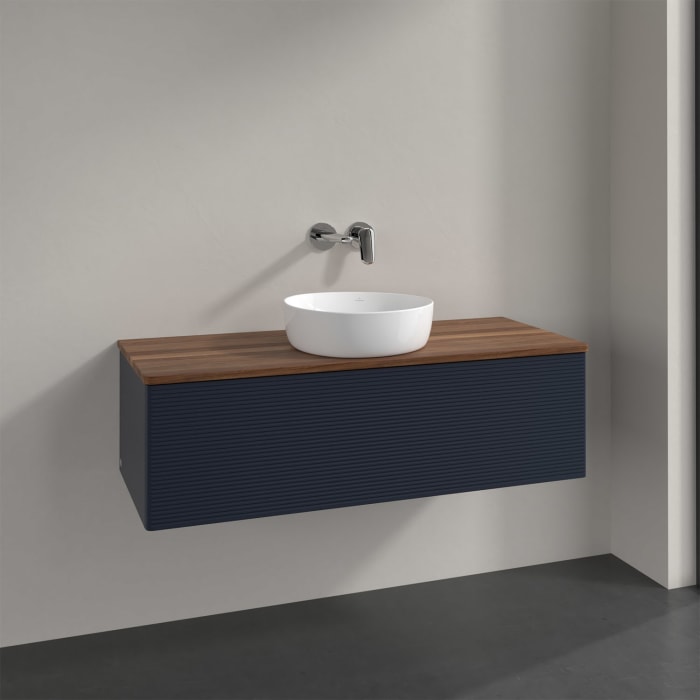 Villeroy & Boch Antao Waschbeckenunterschrank, 120 x 36 cm, 1 Auszug mit LED-Licht, Front mit Struktur, ohne Hahnloch, für Waschtisch mittig