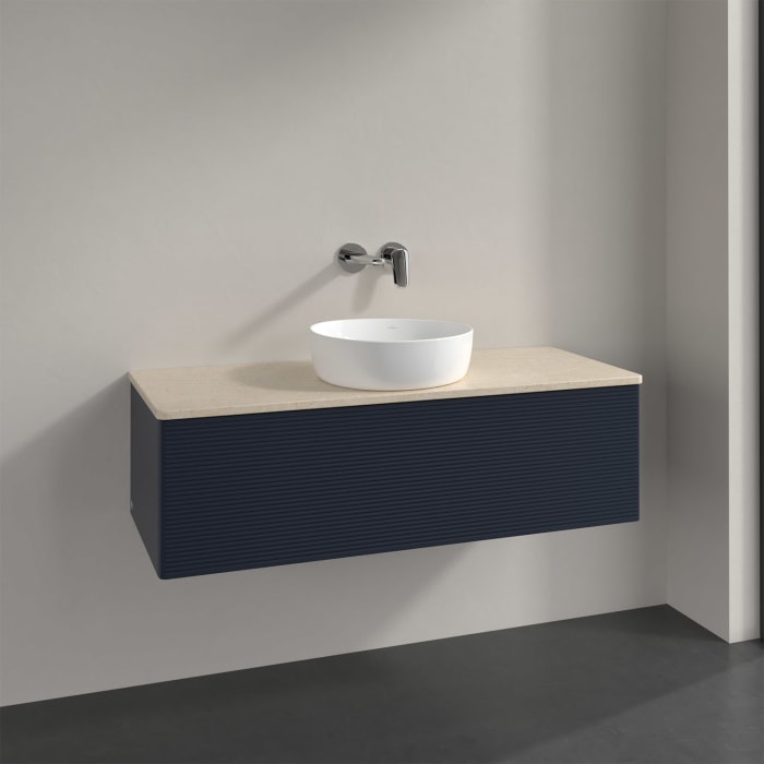 Villeroy & Boch Antao Waschbeckenunterschrank, 120 x 36 cm, 1 Auszug mit LED-Licht, Front mit Struktur, ohne Hahnloch, für Waschtisch mittig