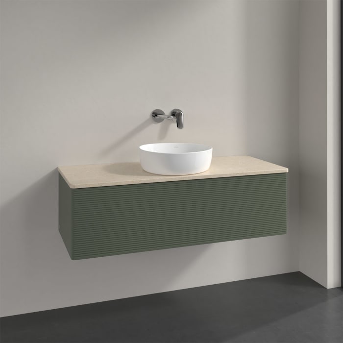Villeroy & Boch Antao Waschbeckenunterschrank, 120 x 36 cm, 1 Auszug mit LED-Licht, Front mit Struktur, ohne Hahnloch, für Waschtisch mittig