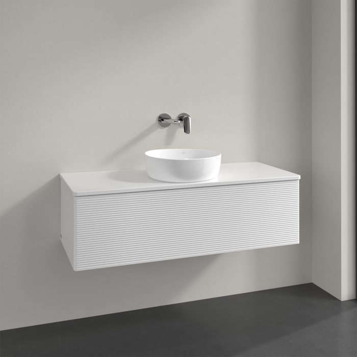 Villeroy & Boch Antao Waschbeckenunterschrank, 120 x 36 cm, 1 Auszug mit LED-Licht, Front mit Struktur, mit Hahnloch, für Waschtisch mittig