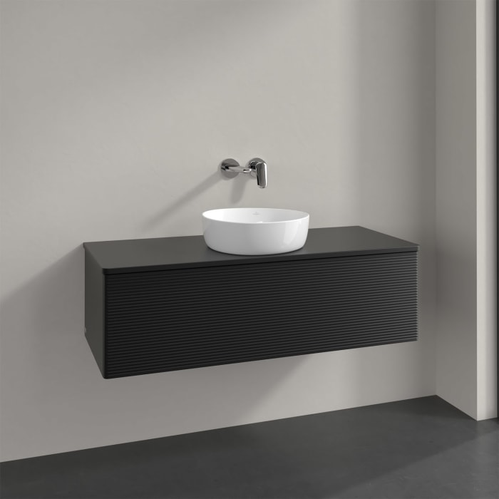 Villeroy & Boch Antao Waschbeckenunterschrank, 120 x 36 cm, 1 Auszug mit LED-Licht, Front mit Struktur, mit Hahnloch, für Waschtisch mittig