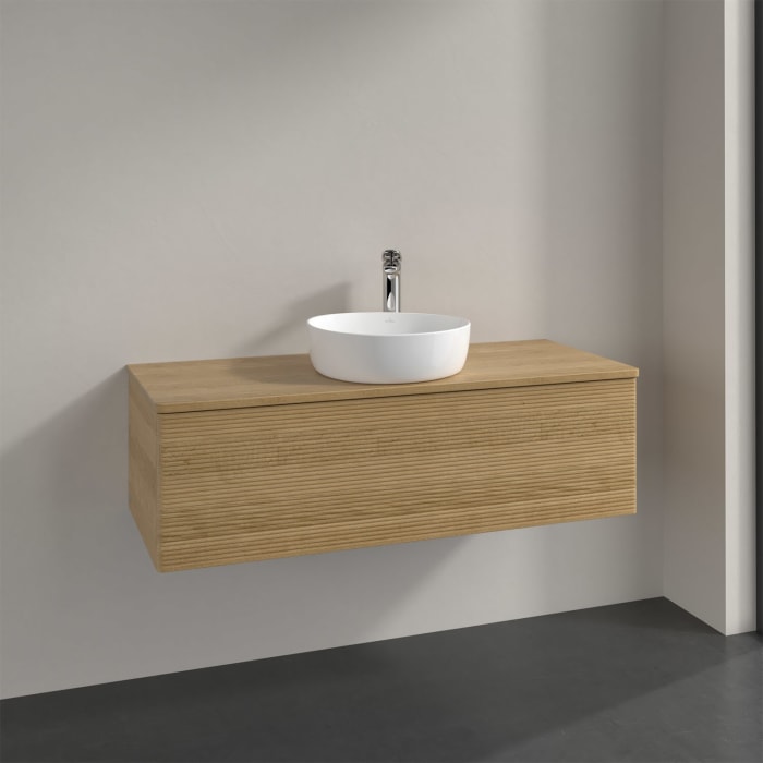 Villeroy & Boch Antao Waschbeckenunterschrank, 120 x 36 cm, 1 Auszug mit LED-Licht, Front mit Struktur, mit Hahnloch, für Waschtisch mittig