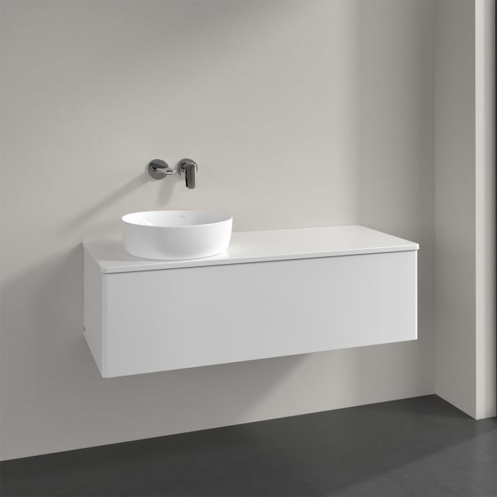 Villeroy & Boch Antao Waschbeckenunterschrank, 120 x 36 cm, 1 Auszug mit LED-Licht, Front ohne Struktur, ohne Hahnloch, für Waschtisch links