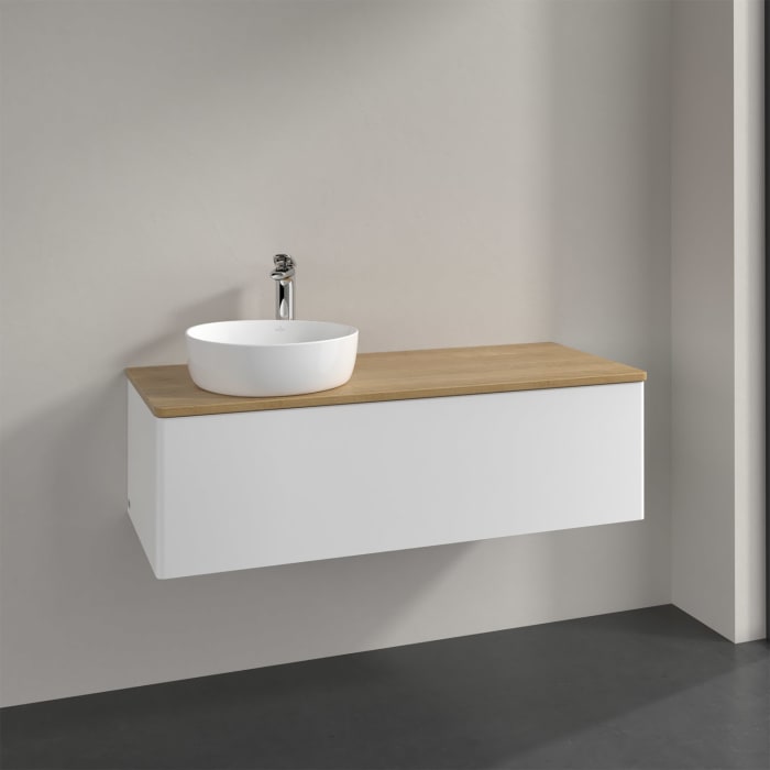 Villeroy & Boch Antao Waschbeckenunterschrank, 120 x 36 cm, 1 Auszug mit LED-Licht, Front ohne Struktur, mit Hahnloch, für Waschtisch links