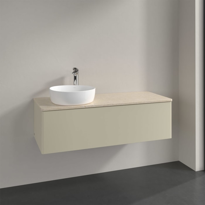 Villeroy & Boch Antao Waschbeckenunterschrank, 120 x 36 cm, 1 Auszug mit LED-Licht, Front ohne Struktur, mit Hahnloch, für Waschtisch links