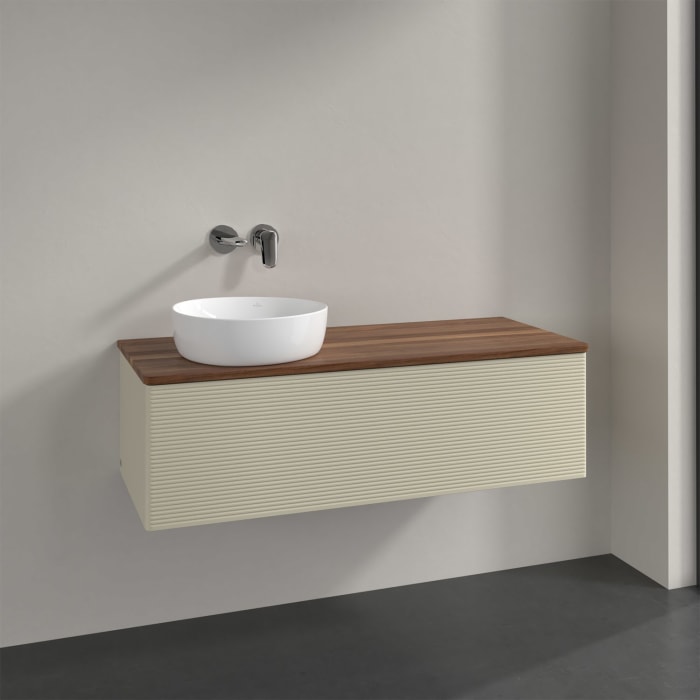 Villeroy & Boch Antao Waschbeckenunterschrank, 120 x 36 cm, 1 Auszug mit LED-Licht, Front mit Struktur, ohne Hahnloch, für Waschtisch links