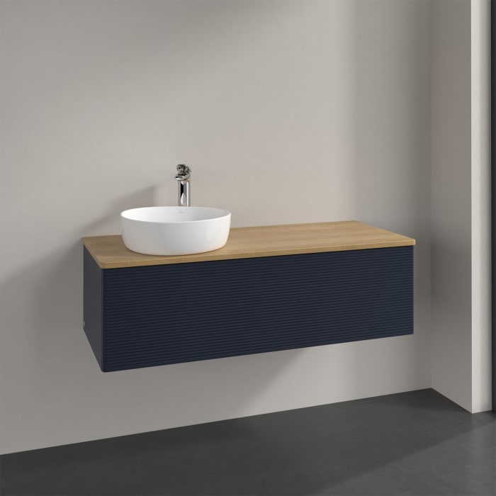 Villeroy & Boch Antao Waschbeckenunterschrank, 120 x 36 cm, 1 Auszug mit LED-Licht, Front mit Struktur, mit Hahnloch, für Waschtisch links