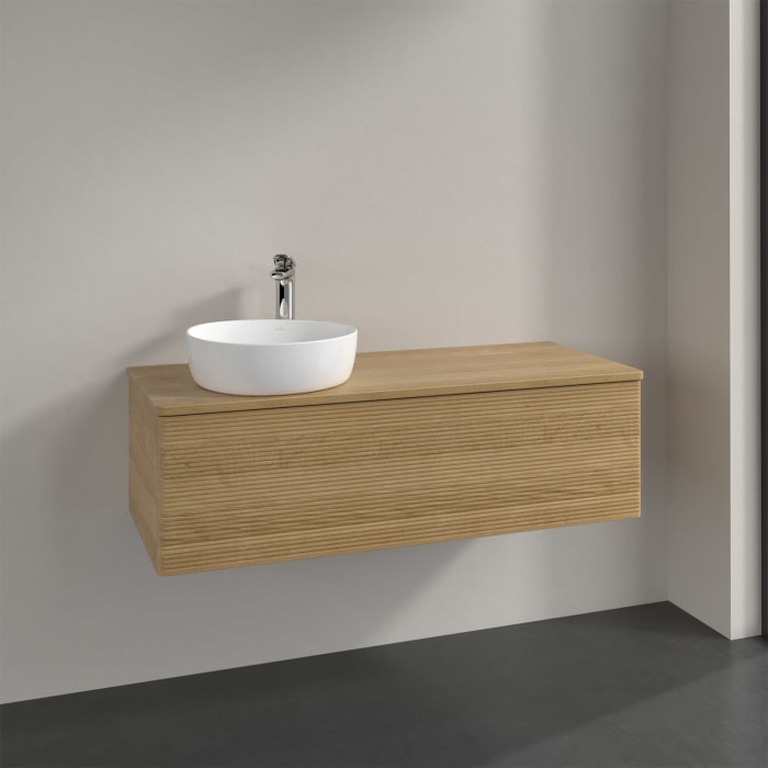 Villeroy & Boch Antao Waschbeckenunterschrank, 120 x 36 cm, 1 Auszug mit LED-Licht, Front mit Struktur, mit Hahnloch, für Waschtisch links