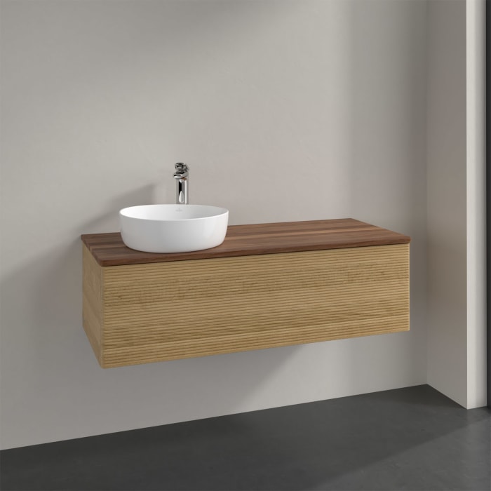 Villeroy & Boch Antao Waschbeckenunterschrank, 120 x 36 cm, 1 Auszug mit LED-Licht, Front mit Struktur, mit Hahnloch, für Waschtisch links