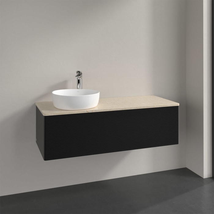 Villeroy & Boch Antao Waschbeckenunterschrank, 120 x 36 cm, 1 Auszug mit LED-Licht, Front mit Struktur, mit Hahnloch, für Waschtisch links