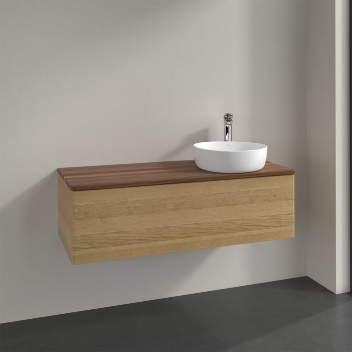 Villeroy & Boch Antao Waschbeckenunterschrank, 120 x 36 cm, 1 Auszug mit LED-Licht, Front ohne Struktur, mit Hahnloch, für Waschtisch rechts