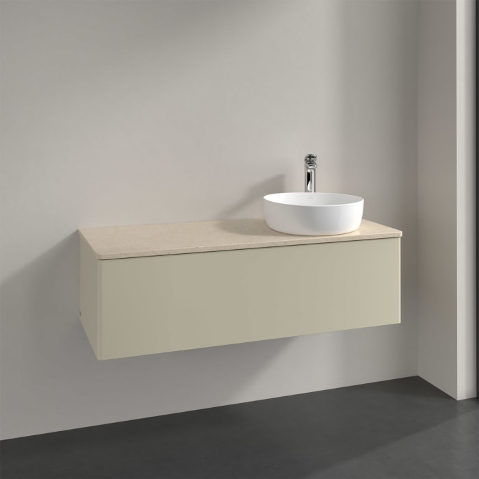 Villeroy & Boch Antao Waschbeckenunterschrank, 120 x 36 cm, 1 Auszug mit LED-Licht, Front ohne Struktur, mit Hahnloch, für Waschtisch rechts