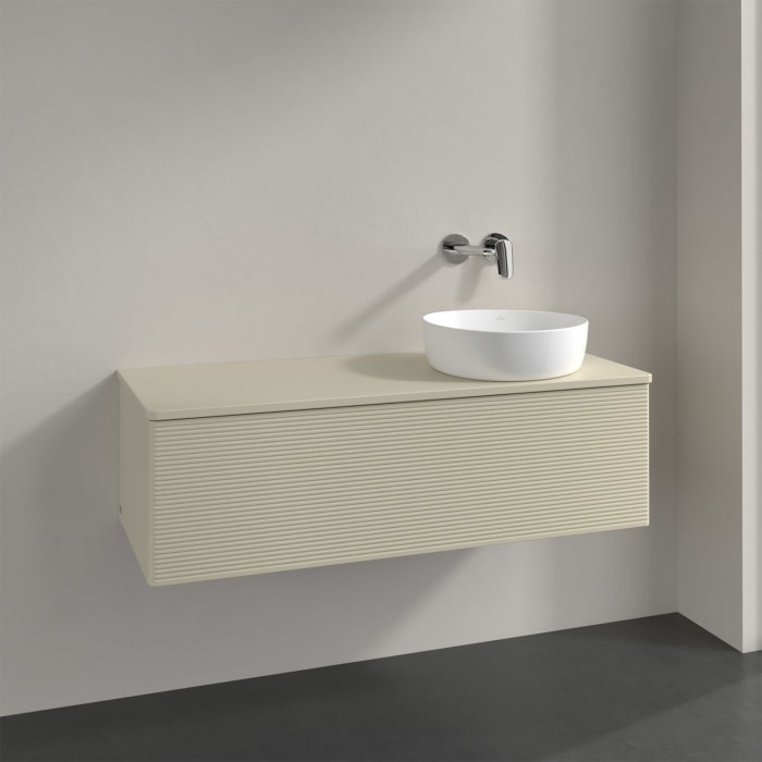 Villeroy & Boch Antao Waschbeckenunterschrank, 120 x 36 cm, 1 Auszug mit LED-Licht, Front mit Struktur, ohne Hahnloch, für Waschtisch rechts