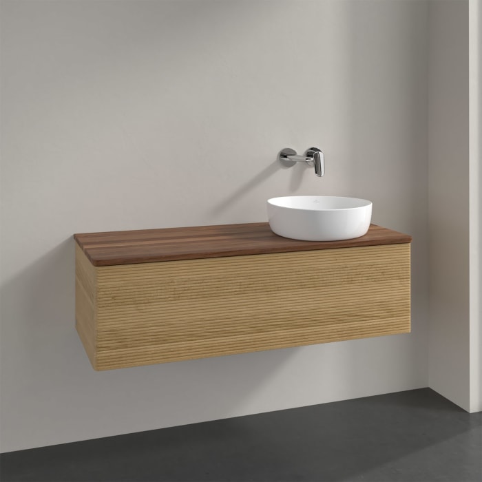 Villeroy & Boch Antao Waschbeckenunterschrank, 120 x 36 cm, 1 Auszug mit LED-Licht, Front mit Struktur, ohne Hahnloch, für Waschtisch rechts