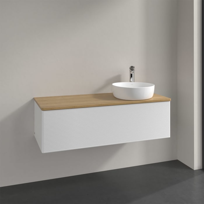 Villeroy & Boch Antao Waschbeckenunterschrank, 120 x 36 cm, 1 Auszug mit LED-Licht, Front mit Struktur, mit Hahnloch, für Waschtisch rechts