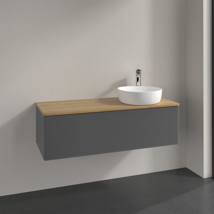 Villeroy & Boch Antao Waschbeckenunterschrank, 120 x 36 cm, 1 Auszug mit LED-Licht, Front mit Struktur, mit Hahnloch, für Waschtisch rechts
