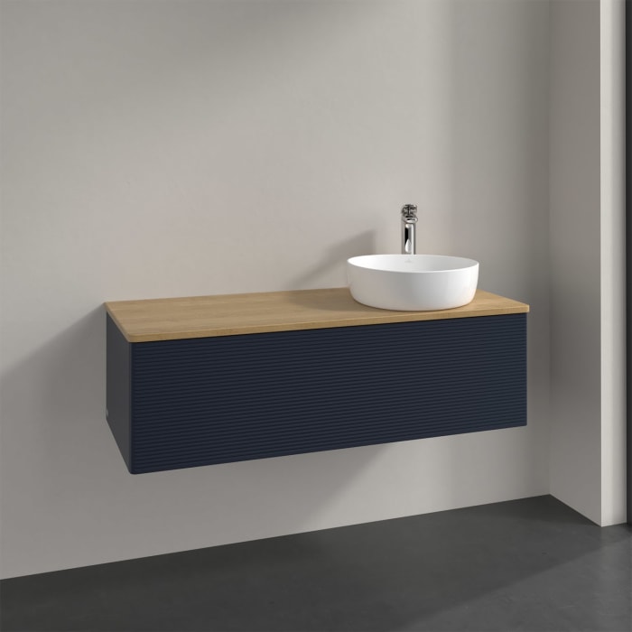 Villeroy & Boch Antao Waschbeckenunterschrank, 120 x 36 cm, 1 Auszug mit LED-Licht, Front mit Struktur, mit Hahnloch, für Waschtisch rechts