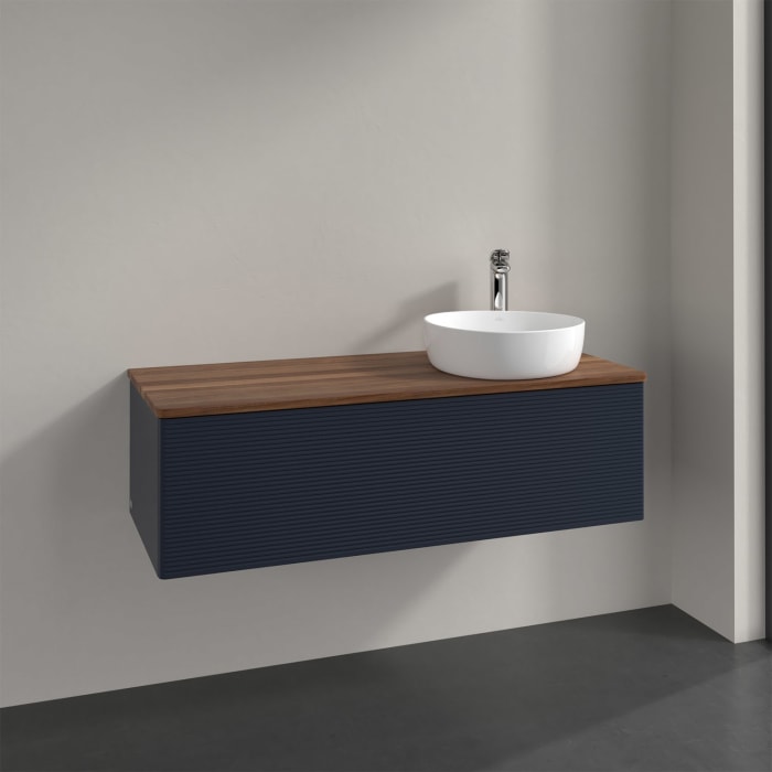 Villeroy & Boch Antao Waschbeckenunterschrank, 120 x 36 cm, 1 Auszug mit LED-Licht, Front mit Struktur, mit Hahnloch, für Waschtisch rechts