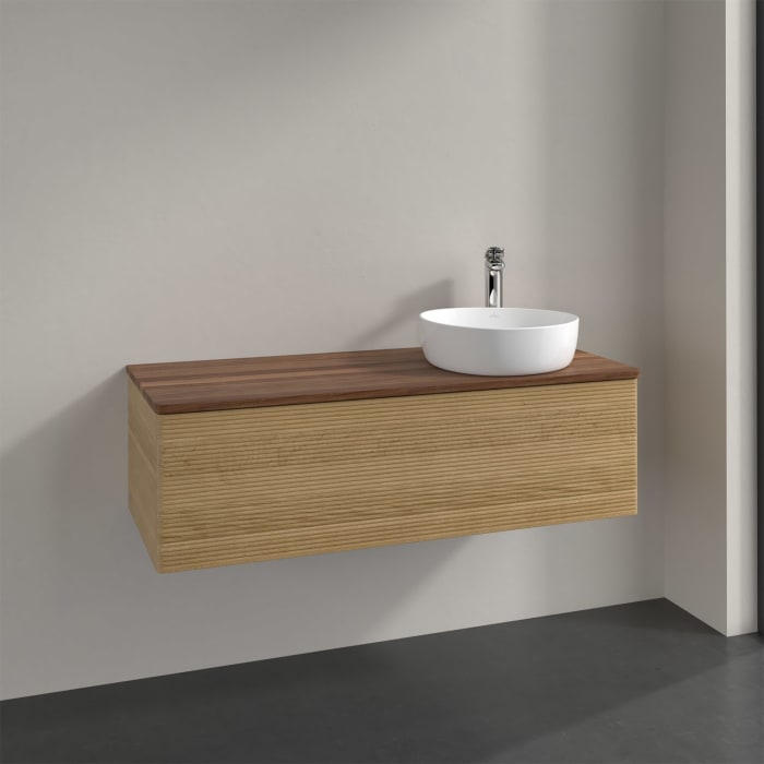 Villeroy & Boch Antao Waschbeckenunterschrank, 120 x 36 cm, 1 Auszug mit LED-Licht, Front mit Struktur, mit Hahnloch, für Waschtisch rechts