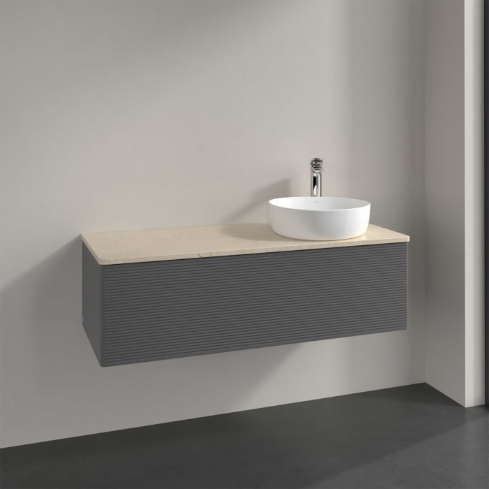 Villeroy & Boch Antao Waschbeckenunterschrank, 120 x 36 cm, 1 Auszug mit LED-Licht, Front mit Struktur, mit Hahnloch, für Waschtisch rechts