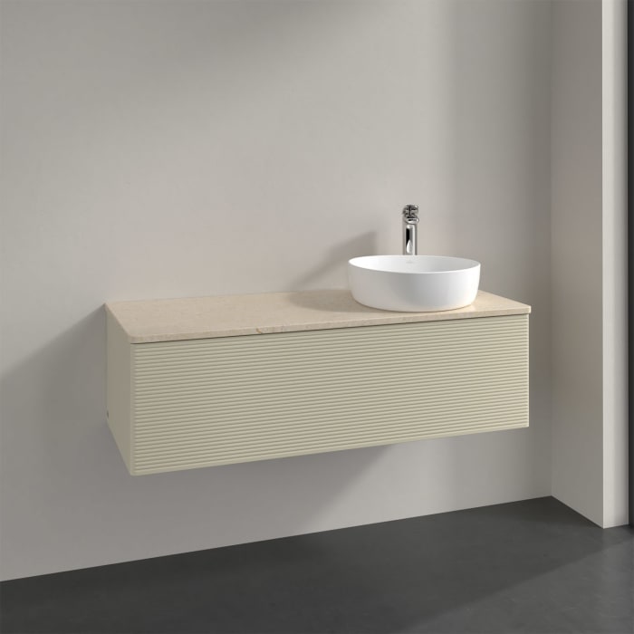 Villeroy & Boch Antao Waschbeckenunterschrank, 120 x 36 cm, 1 Auszug mit LED-Licht, Front mit Struktur, mit Hahnloch, für Waschtisch rechts