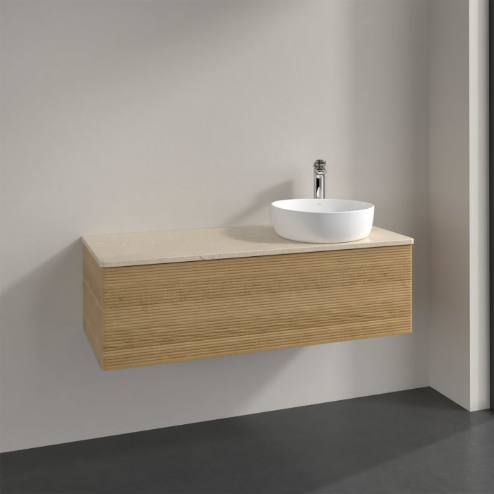 Villeroy & Boch Antao Waschbeckenunterschrank, 120 x 36 cm, 1 Auszug mit LED-Licht, Front mit Struktur, mit Hahnloch, für Waschtisch rechts