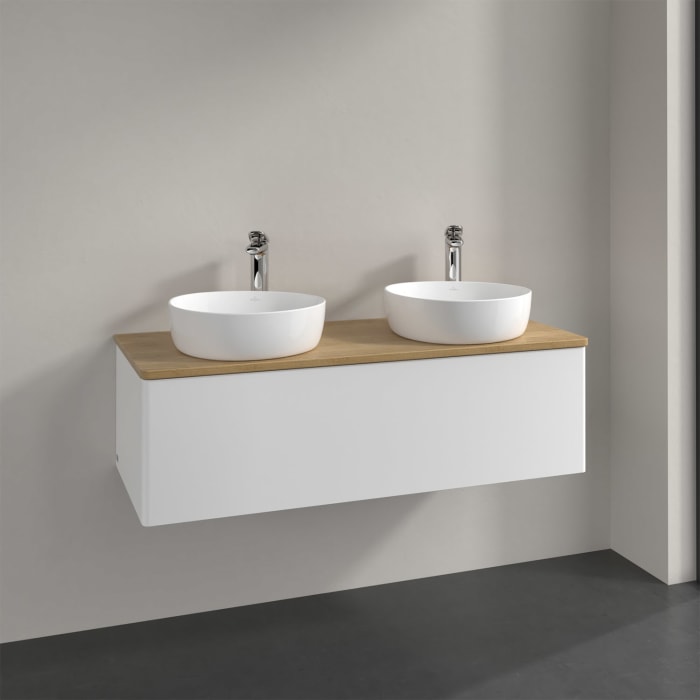 Villeroy & Boch Antao Waschbeckenunterschrank, 120 x 36 cm, 1 Auszug mit LED-Licht, Front ohne Struktur, mit Hahnloch, für Waschtisch links und rechts