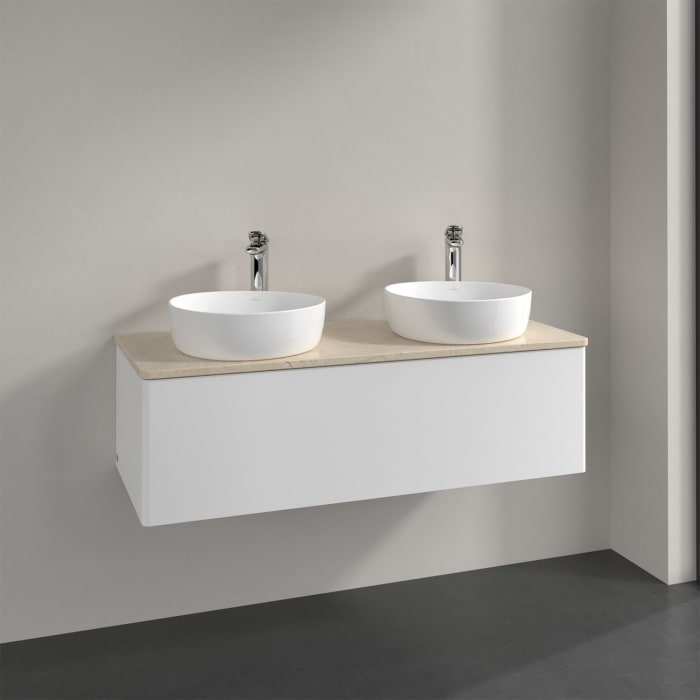 Villeroy & Boch Antao Waschbeckenunterschrank, 120 x 36 cm, 1 Auszug mit LED-Licht, Front ohne Struktur, mit Hahnloch, für Waschtisch links und rechts
