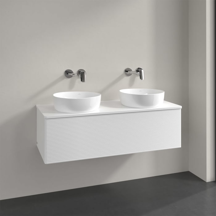 Villeroy & Boch Antao Waschbeckenunterschrank, 120 x 36 cm, 1 Auszug mit LED-Licht, Front mit Struktur, mit Hahnloch, für Waschtisch links und rechts