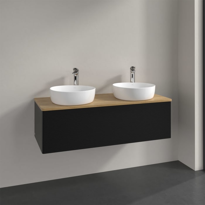 Villeroy & Boch Antao Waschbeckenunterschrank, 120 x 36 cm, 1 Auszug mit LED-Licht, Front mit Struktur, mit Hahnloch, für Waschtisch links und rechts