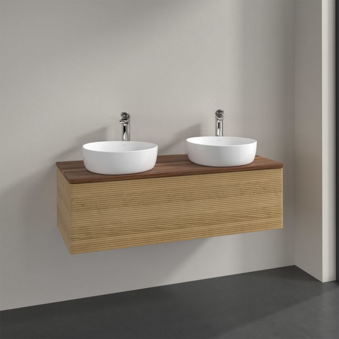 Villeroy & Boch Antao Waschbeckenunterschrank, 120 x 36 cm, 1 Auszug mit LED-Licht, Front mit Struktur, mit Hahnloch, für Waschtisch links und rechts