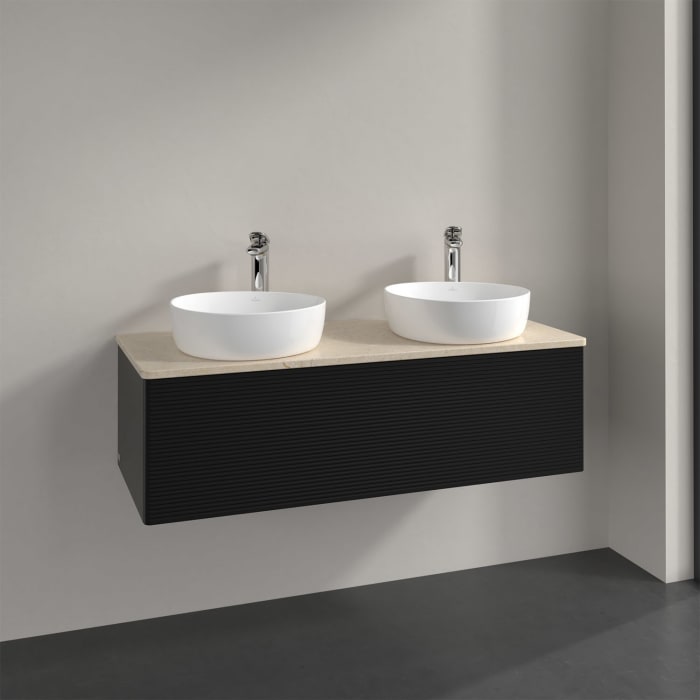 Villeroy & Boch Antao Waschbeckenunterschrank, 120 x 36 cm, 1 Auszug mit LED-Licht, Front mit Struktur, mit Hahnloch, für Waschtisch links und rechts