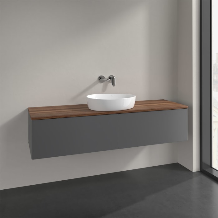 Villeroy & Boch Antao Waschbeckenunterschrank, 160 x 36 cm, 2 Auszüge mit LED-Licht, Front ohne Struktur, ohne Hahnloch, für Waschtisch mittig
