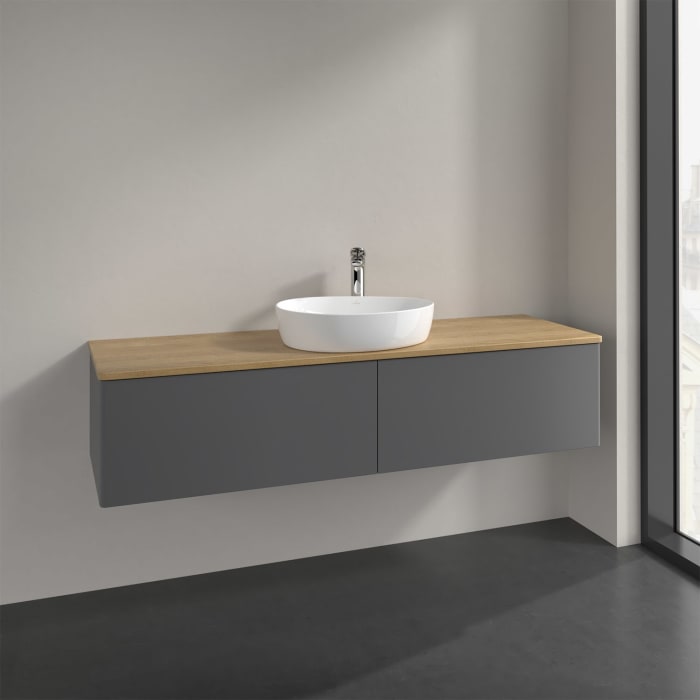 Villeroy & Boch Antao Waschbeckenunterschrank, 160 x 36 cm, 2 Auszüge mit LED-Licht, Front ohne Struktur, mit Hahnloch, für Waschtisch mittig