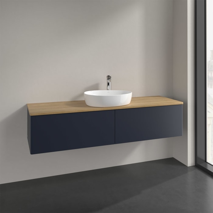 Villeroy & Boch Antao Waschbeckenunterschrank, 160 x 36 cm, 2 Auszüge mit LED-Licht, Front ohne Struktur, mit Hahnloch, für Waschtisch mittig
