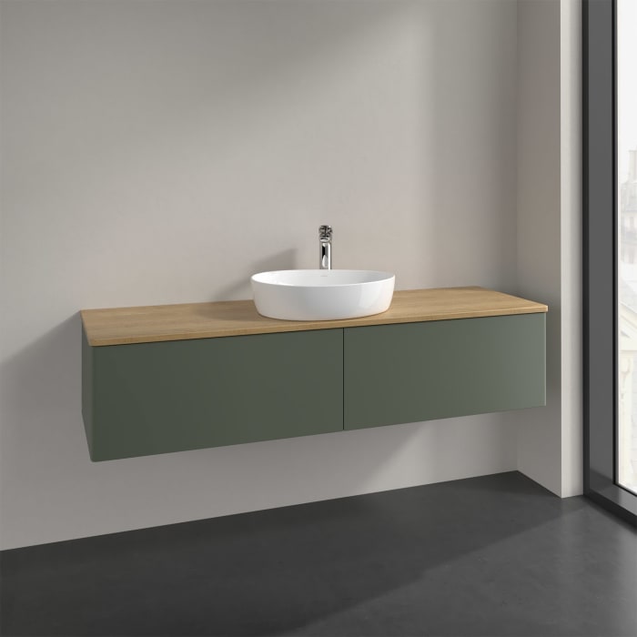 Villeroy & Boch Antao Waschbeckenunterschrank, 160 x 36 cm, 2 Auszüge mit LED-Licht, Front ohne Struktur, mit Hahnloch, für Waschtisch mittig