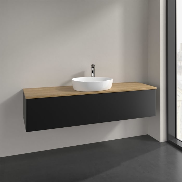 Villeroy & Boch Antao Waschbeckenunterschrank, 160 x 36 cm, 2 Auszüge mit LED-Licht, Front ohne Struktur, mit Hahnloch, für Waschtisch mittig