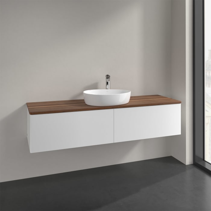 Villeroy & Boch Antao Waschbeckenunterschrank, 160 x 36 cm, 2 Auszüge mit LED-Licht, Front ohne Struktur, mit Hahnloch, für Waschtisch mittig