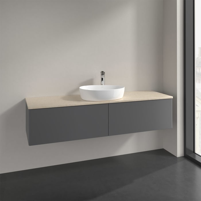 Villeroy & Boch Antao Waschbeckenunterschrank, 160 x 36 cm, 2 Auszüge mit LED-Licht, Front ohne Struktur, mit Hahnloch, für Waschtisch mittig
