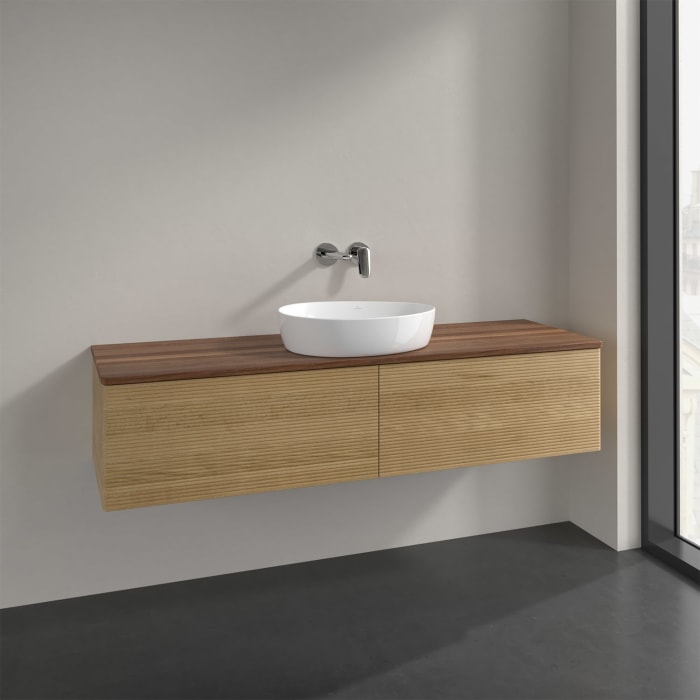 Villeroy & Boch Antao Waschbeckenunterschrank, 160 x 36 cm, 2 Auszüge mit LED-Licht, Front mit Struktur, ohne Hahnloch, für Waschtisch mittig