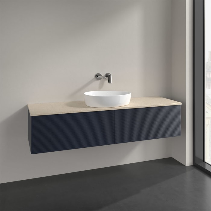 Villeroy & Boch Antao Waschbeckenunterschrank, 160 x 36 cm, 2 Auszüge mit LED-Licht, Front mit Struktur, ohne Hahnloch, für Waschtisch mittig