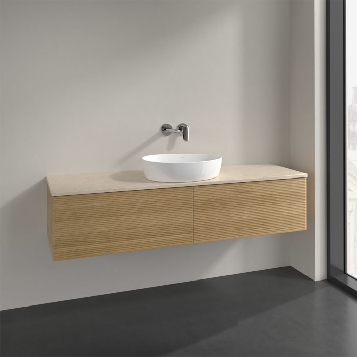 Villeroy & Boch Antao Waschbeckenunterschrank, 160 x 36 cm, 2 Auszüge mit LED-Licht, Front mit Struktur, ohne Hahnloch, für Waschtisch mittig