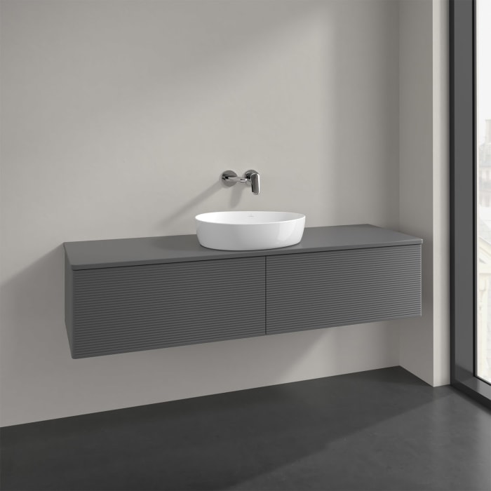 Villeroy & Boch Antao Waschbeckenunterschrank, 160 x 36 cm, 2 Auszüge mit LED-Licht, Front mit Struktur, mit Hahnloch, für Waschtisch mittig