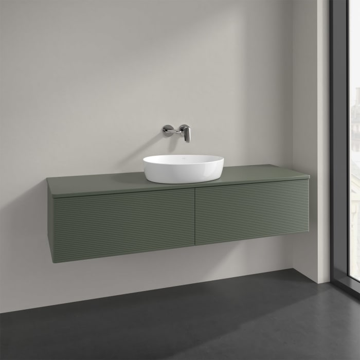 Villeroy & Boch Antao Waschbeckenunterschrank, 160 x 36 cm, 2 Auszüge mit LED-Licht, Front mit Struktur, mit Hahnloch, für Waschtisch mittig