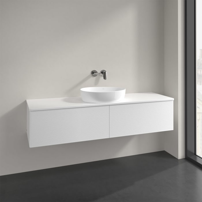 Villeroy & Boch Antao Waschbeckenunterschrank, 160 x 36 cm, 2 Auszüge mit LED-Licht, Front mit Struktur, mit Hahnloch, für Waschtisch mittig