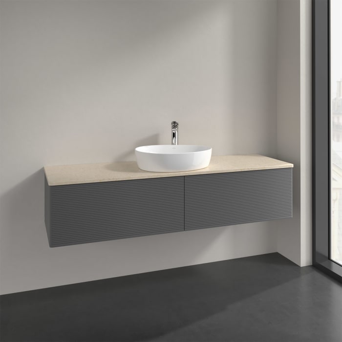 Villeroy & Boch Antao Waschbeckenunterschrank, 160 x 36 cm, 2 Auszüge mit LED-Licht, Front mit Struktur, mit Hahnloch, für Waschtisch mittig