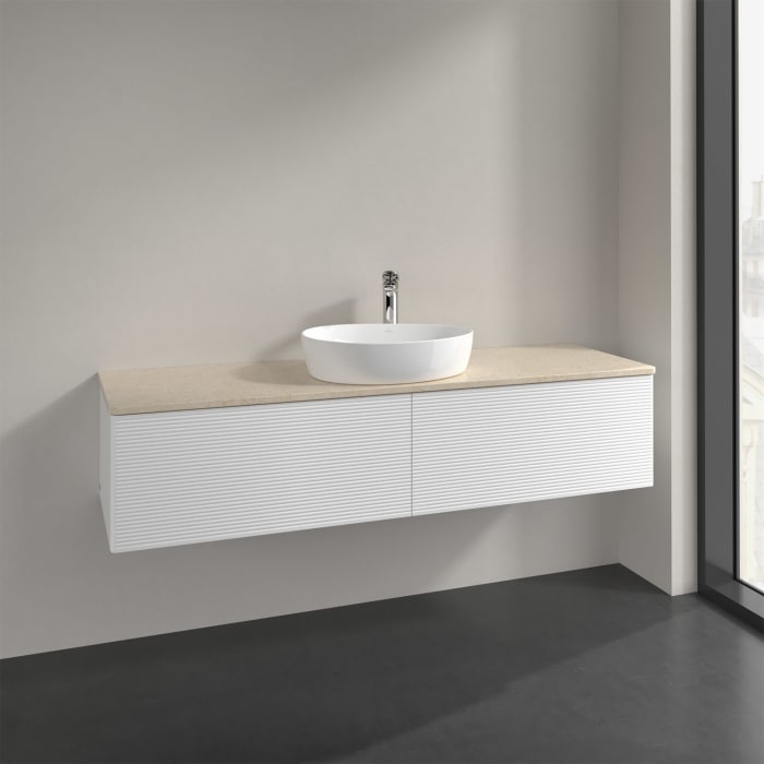 Villeroy & Boch Antao Waschbeckenunterschrank, 160 x 36 cm, 2 Auszüge mit LED-Licht, Front mit Struktur, mit Hahnloch, für Waschtisch mittig