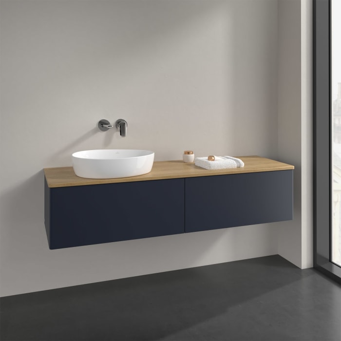 Villeroy & Boch Antao Waschbeckenunterschrank, 160 x 36 cm, 2 Auszüge mit LED-Licht, Front ohne Struktur, ohne Hahnloch, für Waschtisch links